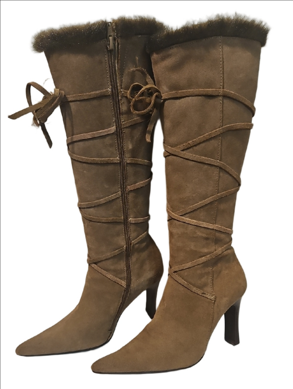 Steve Madden "Cristina" Camel Suede Faux Fur Trim Boots Size 6 1/2